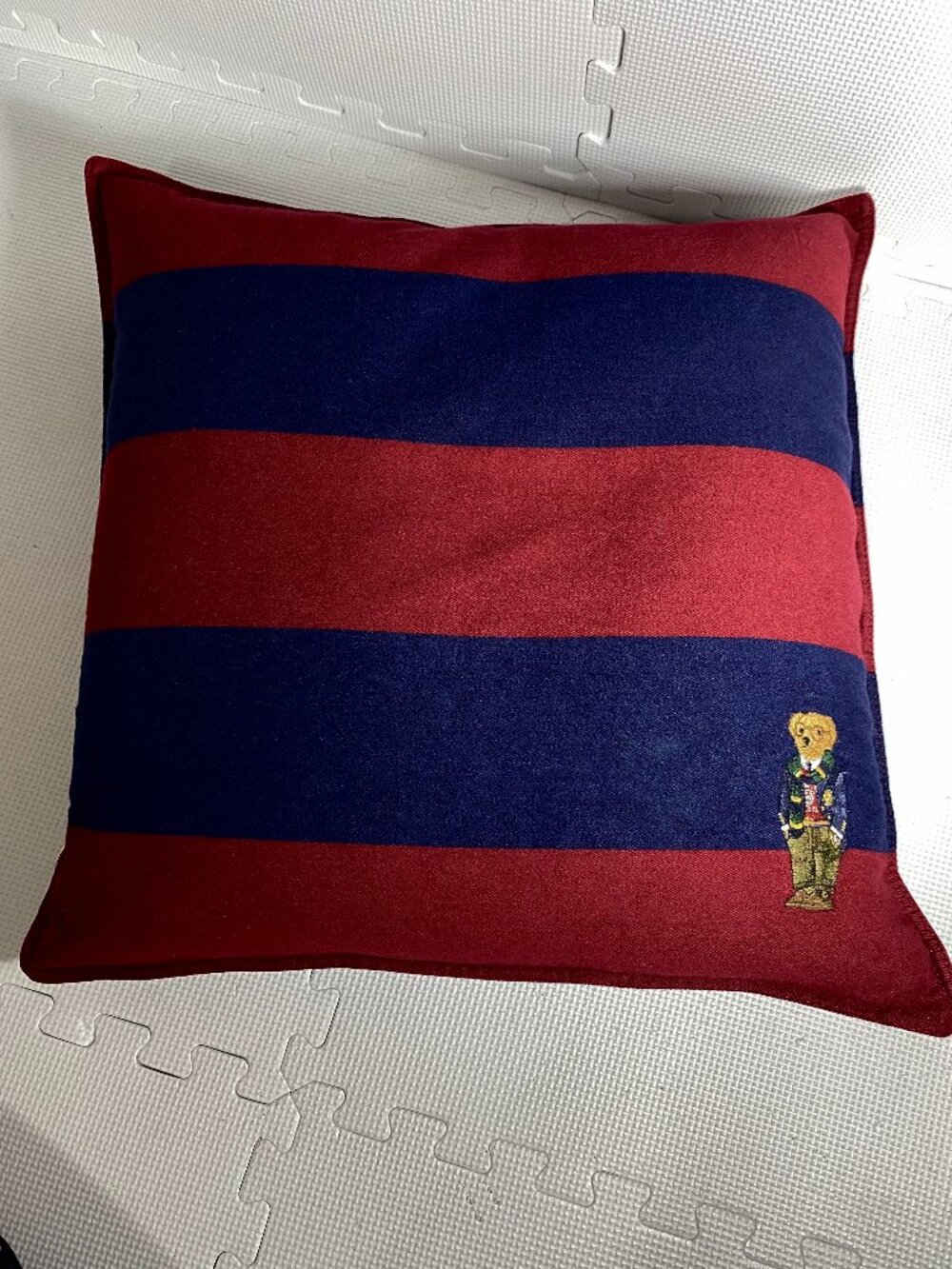 POLO RALPH LAUREN Striped Polo Bear Down Feather Throw Pillow Navy Red 20" x 20"